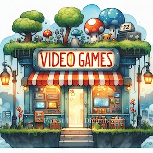 ビデオゲームショップ - クリップアートバンドル、デジタル画像ファイルのダウンロード、気まぐれ、レトロ、コントローラー、コンソール、ゲーマー、Twitch、ストリーマー、ゲーム