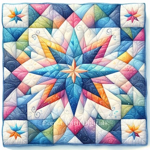 May include: A colorful, square quilt with a starburst design. The quilt features a large, eight-pointed star in the center, surrounded by smaller star motifs in the corners. The quilt is made of various geometric shapes in shades of blue, pink, orange, and green.