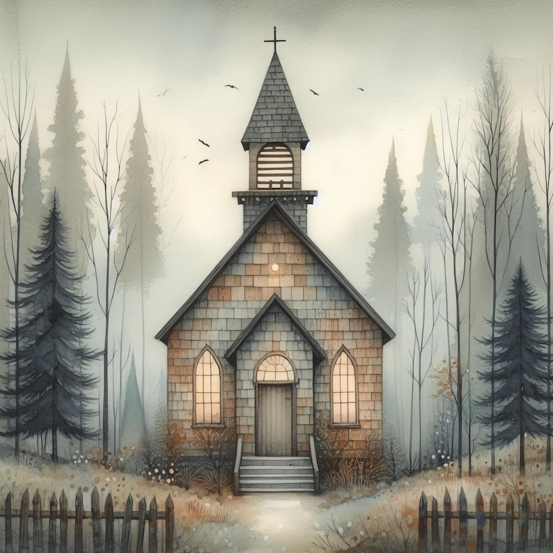 May include: A small, gray, wooden church with a steeple stands in a foggy forest. The church has two windows and a door. The forest is made up of tall, thin trees.
