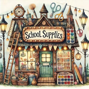 Tienda de útiles escolares: paquete de imágenes prediseñadas, descarga digital, archivos digitales, caprichoso, pueblo, pueblo, profesor, aula, estudiante, universidad