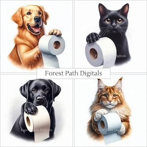 Könnte beinhalten: Vier Illustrationen von Hunden und Katzen, die Toilettenpapierrollen halten. Ein Golden Retriever, ein schwarzer Labrador, eine schwarze Katze und eine Maine Coon Katze.