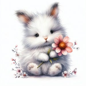 Lapin avec des fleurs-Clip Art Bundle, téléchargement de fichiers numériques, fantaisiste, unique, lapin, shabby chic, Pâques, mignon, marguerite, papillon, pastel