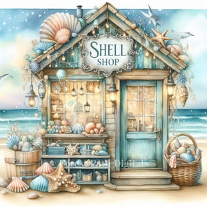 Op de afbeelding: Waterverfillustratie van een charmante "Shell Shop" op een zandstrand. De winkel is geschilderd in blauwe en beige tinten, versierd met schelpen en heeft een bord. Een mand en een houten vat zijn gevuld met schelpen.