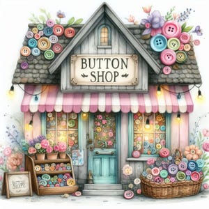 May include: Watercolor illustration of a button shop with a sign that reads "BUTTON SHOP". The shop has a pink and white striped awning, a light blue door, and is decorated with colorful buttons and flowers. A basket of buttons sits in front.