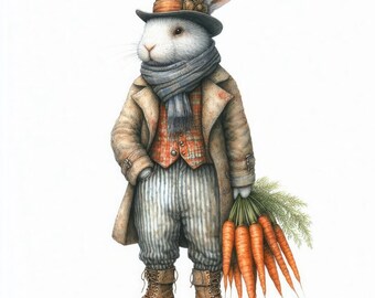 Victorian Bunny - Clip Art Bundle, Digital Download, Nursery, Carrots, Printable Designs, Easter Rabbit, Dapper, Top Hat, Vintage, Fancy