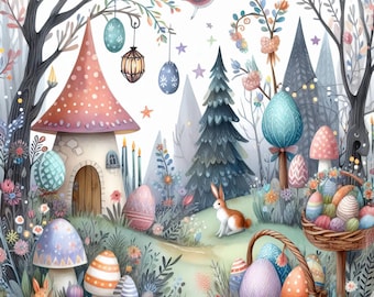 Magical Easter Forest - Clip Art Bundle, Digital Download, Digital Files, Whimsical, Fairytale, Fantasy, Bunny, Eggs, Spring, Pastel