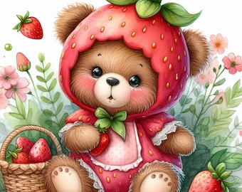 Strawberry Bear - Digital Clip Art Bundle, Whimsical, Cartoon, Fruit, Costume, Halloween, Valentine's Day, Cub, Garden, Red, Cute