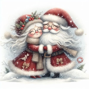 M. et Mme Claus Hugging - Clip Art Bundle, téléchargement numérique, fichiers numériques, fantaisiste, arbre de Noël, houx, neige, père Noël, Noël