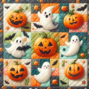 May include: A Halloween quilt with a patchwork design, featuring orange pumpkins with carved faces, white ghosts, and black bats. The quilt has a dark grey border with small pumpkin and bat accents, creating a festive and cosy feel.