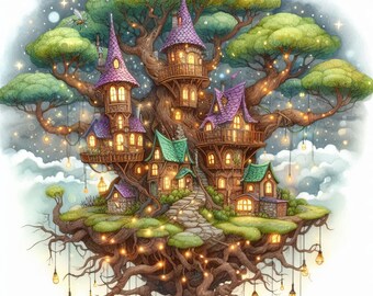 Floating Treehouse City - Digital Clip Art Bundle, Castle, Hot Air Balloon, House, Dreams, Cloud, Forest, Cozy Nook, Whimsical, Books, Magic