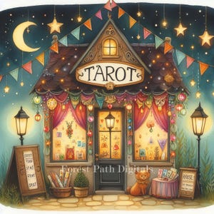 Tienda de Tarot: Paquete de imágenes prediseñadas, descarga de archivos digitales, caprichoso, peculiar, tienda, pueblo, ciudad, cartas de tarot, adivino, carnaval