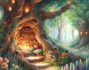 Peut inclure: Illustration fantaisiste d'un arbre avec un coin lecture creusé dans son tronc. Le coin est rempli de livres, de coussins et d'un éclairage tamisé. La scène se déroule dans une forêt avec des lumières et des fleurs.