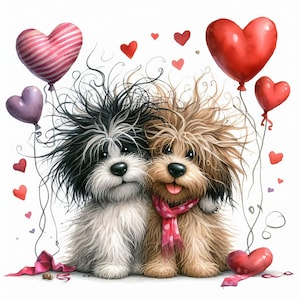 Schrulliger Hund Valentine - Clip Art Bundle, digitaler Download, digitale Dateien, wunderlich, Rosen, Luftballons, Blumen, Herzen, Hund, Best Friends