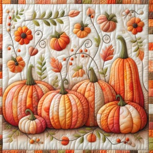 May include: A quilted autumn-themed design featuring several orange pumpkins of varying sizes, with green stems, and decorative floral and leaf accents. The background is a cream colour, and the border is a patchwork of orange and brown squares.