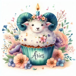 Puede incluir: Ilustración en acuarela de una magdalena con el tema de Aries. La magdalena presenta una oveja blanca y esponjosa con cuernos turquesa y una corona floral. La magdalena está en un envoltorio turquesa con la palabra "Aries" y rodeada de flores pastel y una vela encendida.