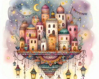 Floating Boho City - Digital Clip Art Bundle, Hippie, Chic, Art Nouveau, Castle, Pastel, Hot Air Balloon, Rustic, Bavarian, House, Magical
