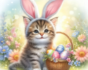 Cats in Bunny Ears - Clip Art Bundle, Digital Download, Nursery, Flowers, Printable Designs, Kittens, Easter Eggs, Basket, Spring, Pastel