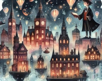 Floating Dark Academia City - Digital Clip Art Bundle, Castle, Hot Air Balloon, House, Dreams, Clouds, Gothic, School, Library, Books, Magic