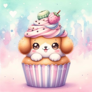 Cupcakes chiot - pastel, clipart, téléchargement, fichiers numériques, fantaisiste, kawaii, mignon, coloré, arc-en-ciel, chien, cerise, fraise, dessert