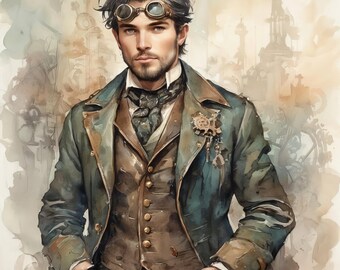 Steampunk Men - Clip Art Bundle, Digital Download, Printable Designs, Dapper, Top Hat, Vintage, Victorian, Handsome, Clockwork, Gears