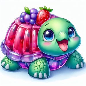 May include: A green turtle with a pink belly and large blue eyes is wearing a pink and purple jelly mould with red and purple berries on top.