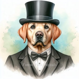 Puede incluir: Un labrador retriever amarillo con un sombrero de copa negro y una pajarita negra. El perro lleva una chaqueta de traje negra. El fondo es una acuarela azul y verde.