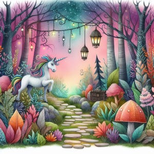 Forêt de licorne magique - lot de cliparts, téléchargement numérique, fichiers numériques, fantaisiste, arc-en-ciel, fleurs, champignon, fantastique, papillon, lune