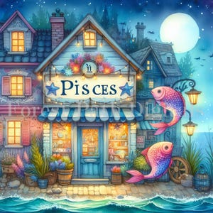 Loja de Peixes - Signo do Zodíaco, Astrologia, Aniversário de Inverno, Vila, Decoração, Pacote de Clip Art, Download de Arquivos de Imagens Digitais
