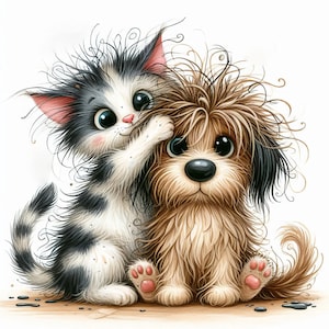 Quirky Best Friends - Clip Art Bundle, Digital Download, Digital Files, Whimsical, Cartoon, Dog, Cat, Puppy, Kitten