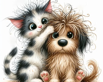 Quirky Best Friends - Clip Art Bundle, Digital Download, Digital Files, Whimsical, Cartoon, Dog, Cat, Puppy, Kitten