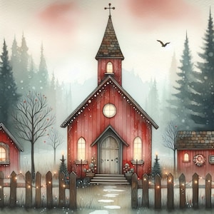 May include: A red wooden church with a steeple and a cross on top. The church is surrounded by trees and a white picket fence. There are lights strung up around the fence. The church is in a snowy forest setting.