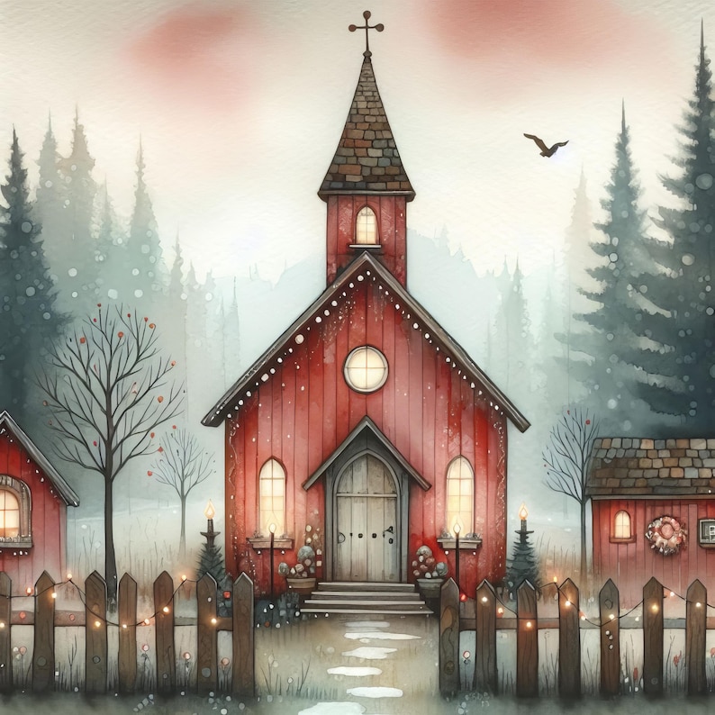 May include: A red wooden church with a steeple and a cross on top. The church is surrounded by trees and a white picket fence. There are lights strung up around the fence. The church is in a snowy forest setting.