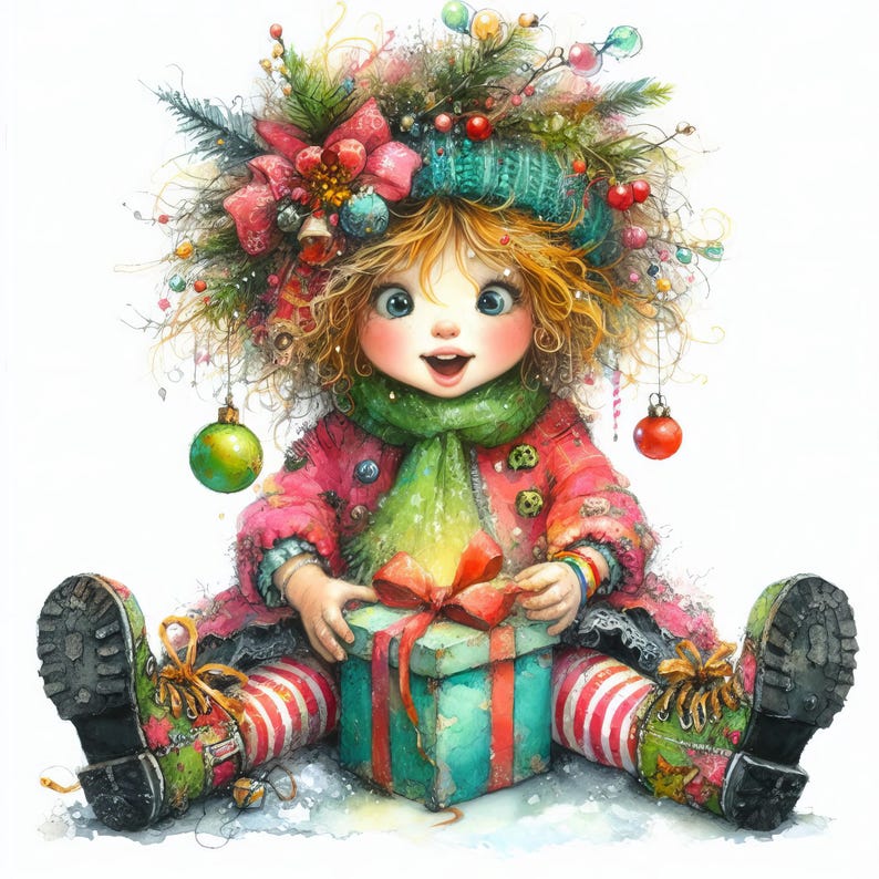 Sorpresa navideña peculiar: paquete de imágenes prediseñadas, descarga digital, archivos digitales, caprichoso, árbol, acebo, luces, regalos, gorro de Papá Noel, presente imagen 6