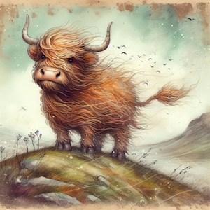Primitive Highland Kuh - Clip Art Bundle, Digital Download, Digitale Dateien, wunderlich, Märchenbuch, Blumen, Scotland, Hill, Scottish