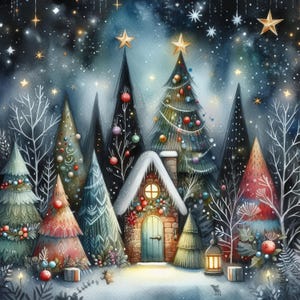 Magica foresta di Natale - Clip Art Bundle, Download digitale, File digitali, Stravagante, Albero, Luna, Stelle, Calze, Neve, Ornamenti, Uccello