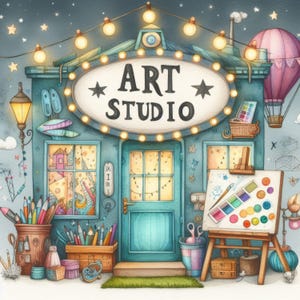 Puede incluir: Ilustración de un estudio de arte con un letrero que dice "ART STUDIO". El estudio está pintado en tonos azules y tiene una puerta, ventanas y un globo aerostático. Se ven materiales de arte como lápices, pintura y un caballete con una paleta.