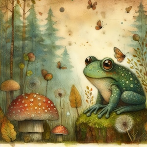 Grenouille de la forêt primitive - lot de cliparts, téléchargement numérique, fichiers numériques, fantaisiste, livre d'histoires, fleurs, magique, fantastique, conte de fées, étang