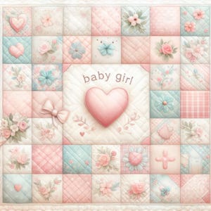 May include: A baby quilt in pastel shades, featuring a patchwork design with squares of pink, blue, and white. The squares are decorated with hearts, flowers, and bows. The words "baby girl" are written on the quilt.