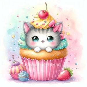 Cupcakes Kitty - pastel, clipart, téléchargement, fichiers numériques, fantaisiste, kawaii, mignon, coloré, arc-en-ciel, chaton, chat, cerise, fraise