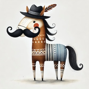 Schrulliges Moustache Pferd - Clip Art Bundle, Digital Download, Digitale Dateien, Skurril, Lustig, Cowboy, Ranch, Bauernhof, Scheune, Pony