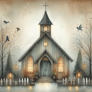 May include: A watercolor painting of a small, gray wooden church with a steeple and a cross on top. The church is surrounded by snow and trees. There are two small houses on either side of the church, and a white picket fence in front of the church.