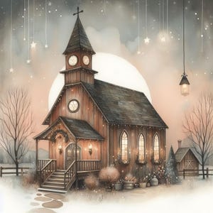 May include: A watercolor painting of a small wooden church with a steeple and a cross on top. The church is lit up with lights and there are stars in the sky. The church is surrounded by trees and bushes.