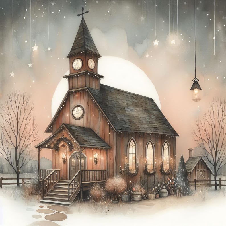 May include: A watercolor painting of a small wooden church with a steeple and a cross on top. The church is lit up with lights and there are stars in the sky. The church is surrounded by trees and bushes.