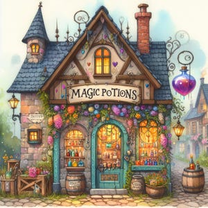 May include: Watercolor illustration of a whimsical shop with the sign "MAGIC POTIONS". The shop is adorned with colorful flowers and displays various potion bottles in the windows. A hanging potion bottle and barrels add to the fantasy theme.