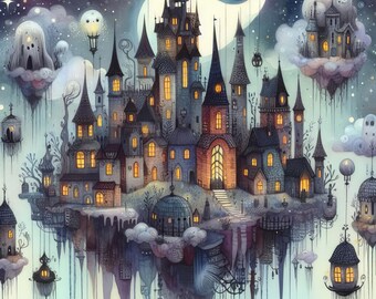 Floating Gothic City - Digital Clip Art Bundle, Castle, Hot Air Balloon, House, Dreams, Cloud, Halloween, Victorian, Whimsical, Books, Magic