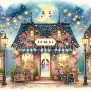 Gemini Shop - Signo do Zodíaco, Astrologia, Aniversário de Primavera, Vila, Decoração, Pacote de Clip Art, Download de Arquivos de Imagens Digitais