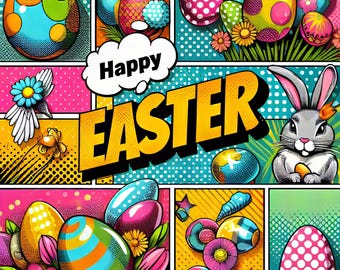 Pop Art Happy Easter - Clip Art Bundle, Digital Download, Whimsical, Y2K, Eggs, Love, Retro, Cards, Friends, Bunny