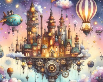 Floating Steampunk City - Digital Clip Art Bundle, Castle, Hot Air Balloon, House, Dreams, Cloud, Victorian, Whimsical, Books, Magic