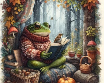 Cozy Frog Reader - Digital Clip Art Bundle, Forest, Rain, Books, Book Lover, Storytime, Book Nook, Hideaway, Reading, Novel