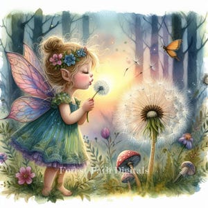 Souhaits de fée - lot de cliparts, téléchargement numérique, fichiers numériques, fantaisiste, forêt, Fae, cottagecore, ailes de papillon, fleurs, pissenlit